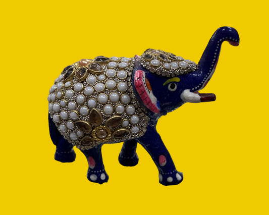 Handcrafted Blue Enamel Elephant Showpiece with Kundan & Pearl Work