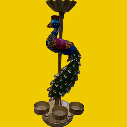Handcrafted Brass Peacock Diya Stand – Multi-Colored Decorative Oil Lamp Holder