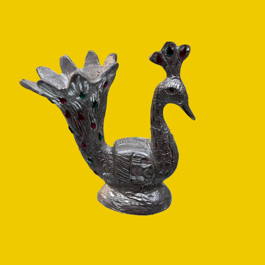 Unbreakable Silver Peacock Decorative Showpiece with Gemstone Accents