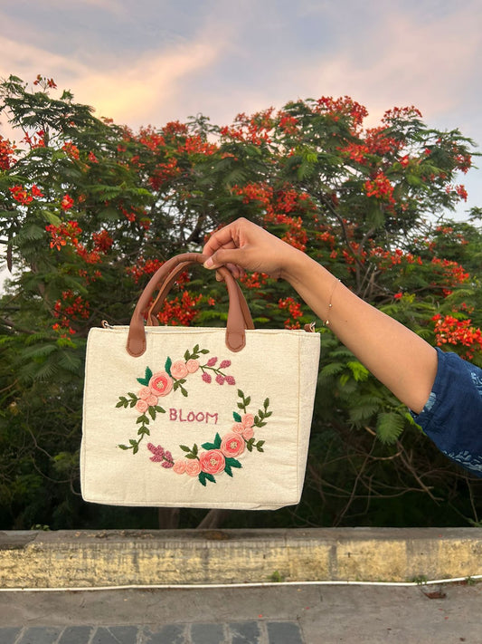Bloom Embroidered Canvas Tote Bag with Dual Handles & Sling Strap