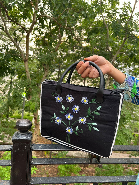 Handcrafted Black Tote Bag with Floral Embroidery – Elegant Everyday Carry