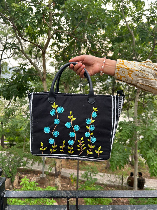 Black Jacquard Tote Bag with Blue Floral Hand Embroidery – Handmade Eco-Friendly Handbag
