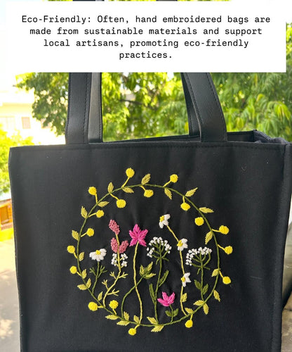 Black Cotton Canvas Tote Bag with Hand Embroidered Floral Wreath & PU Leather Straps – 13.5 x 12 x 6 inch