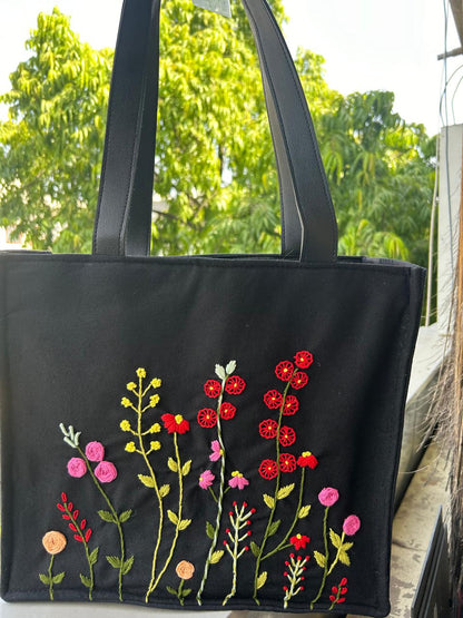 Black Cotton Canvas Tote Bag with Hand Embroidered Floral Garden Design & PU Leather Straps – 13.5 x 12 x 6 inch
