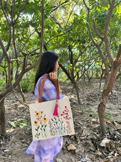 Handmade Floral Embroidered Canvas Tote Bag with PU Leather Handles – Beige