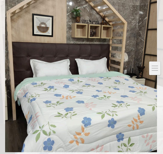 Reversible Glace Cotton Comforter with Microfiber Filling – White with Blue & Peach Floral Print, Mint Green Reverse