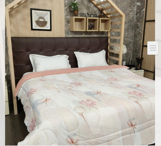 Premium Glace Cotton King Size Floral Comforter with Microfiber Filling & Lace Border – Peach Blush