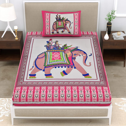 Single Cot Cotton Bedsheet – 150 TC, Traditional Print, Pink with Pillow Cover