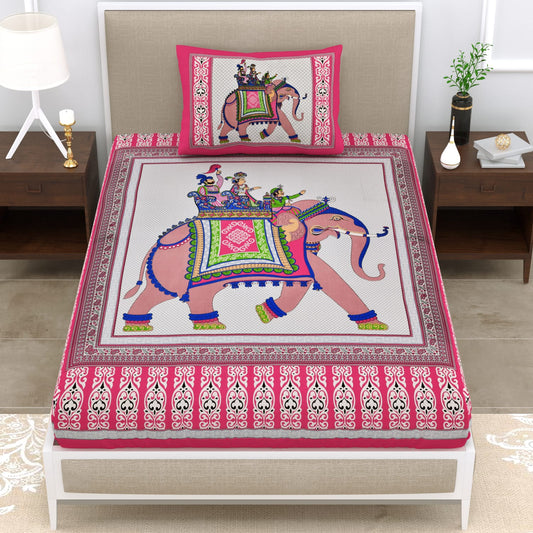 Single Cot Cotton Bedsheet – 150 TC, Traditional Print, Pink with Pillow Cover