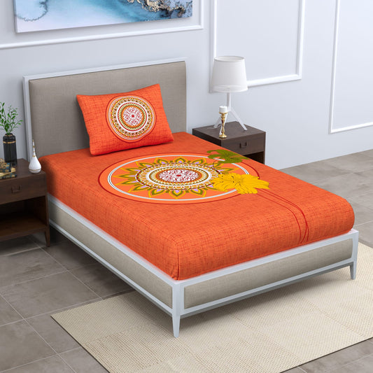 Single Cot Cotton Bedsheet – 150 TC, Traditional Print, Orange with Pillow Cover
