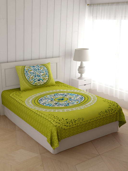 Single Cot Cotton Bedsheet – 150 TC – Elegant Green with Mandala Print