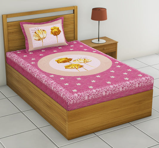 Single Cot 100% Cotton Bedsheet – 150 TC – Floral Print – Pink & Yellow