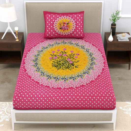 Cotton 150 TC Single Bedsheet with Pillow Cover – Pink Floral Mandala Design