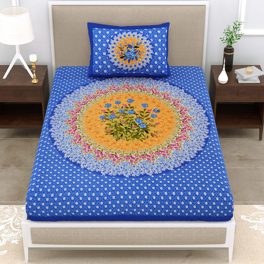 Cotton 150 TC Single Bedsheet with Pillow Cover – Blue Floral Mandala Design