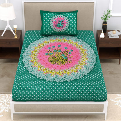 Floral Mandala Single Cot Cotton Bedsheet with Pillow Cover – 150 TC