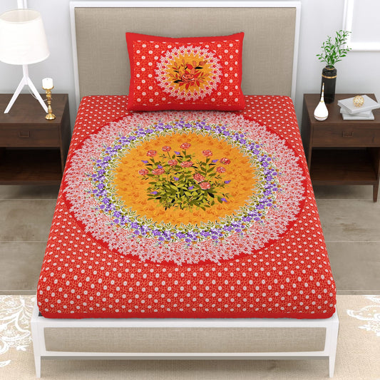 Single Cot Cotton Bedsheet 150 TC with Floral Mandala Print & Matching Pillow Cover