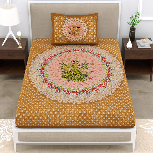 Single Cot Cotton Bedsheet 150 TC with Floral Mandala Print & Pillow Cover – Mustard Peach