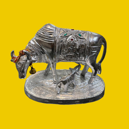 Unbreakable Silver-Plated Kamdhenu Cow and Calf Showpiece with Goddess Engraving