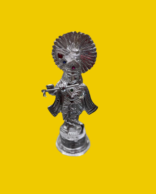 Unbreakable Silver-Plated Lord Krishna Idol with Gemstone Embellishments