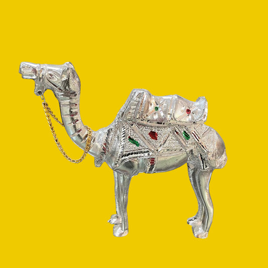Unbreakable Decorative Camel Showpiece – Silver Finish with Chain & Colorful Detailing