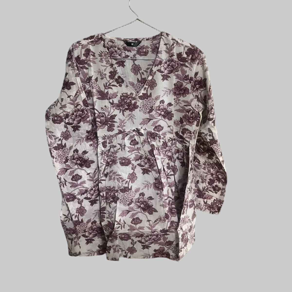 Women’s Grey Mauve Floral Alia Top | Premium Soft Cotton | V-Neck | Full Sleeves