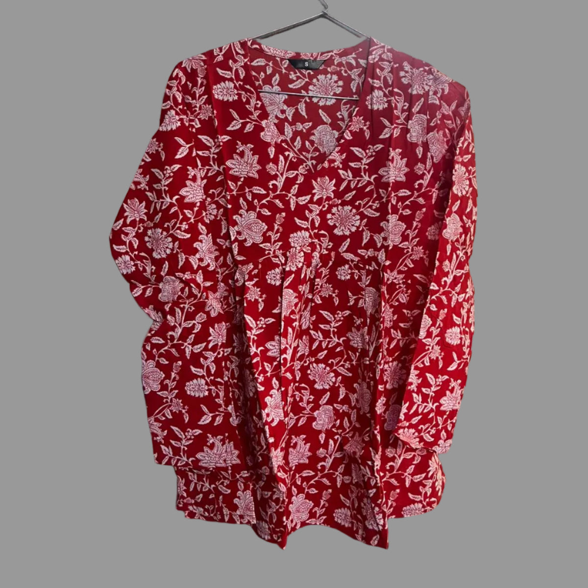 Women’s Red Floral Alia Top | Premium Soft Cotton | V-Neck | Full Sleeves
