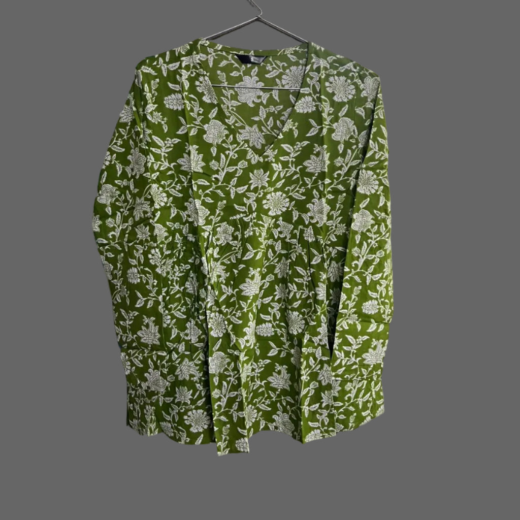 Women’s Olive Green Floral Alia Top | Premium Soft Cotton | V-Neck | Full Sleeves