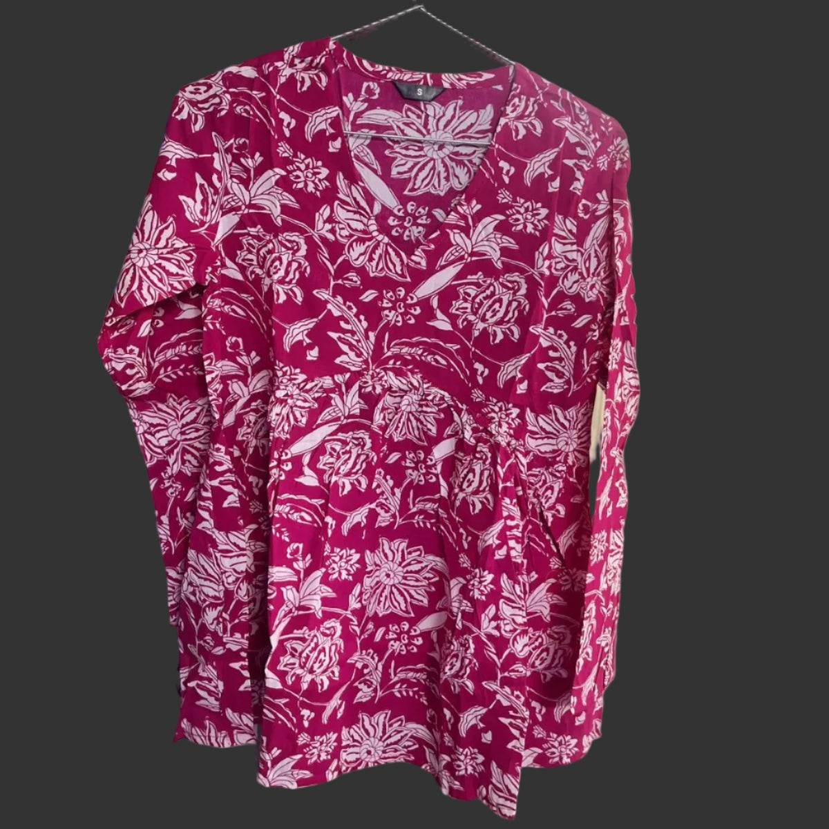 Women’s Pink Floral Alia Top | Premium Soft Cotton | V-Neck | Full Sleeves
