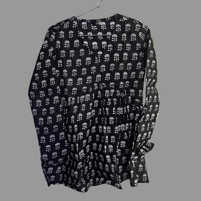 Women’s Black Ethnic Print Alia Top – Premium Soft Cotton | V-Neck Flowy Fit