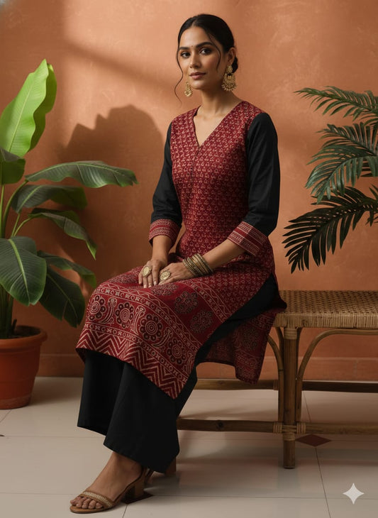 Handcrafted Ajrakh Cotton Co-Ord Set – Vegetable Dyed Straight Kurti with Palazzo | Side Pocket