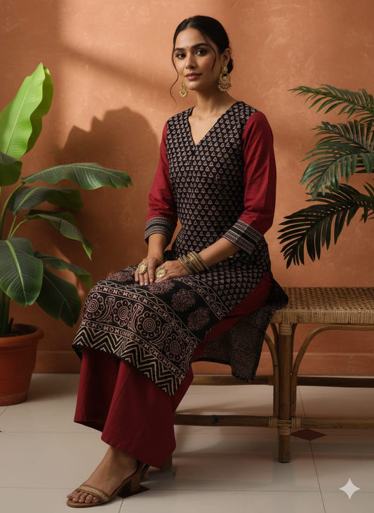Handcrafted Ajrakh Cotton Co-Ord Set – Vegetable Dyed Straight Kurti with Palazzo | Side Pocket