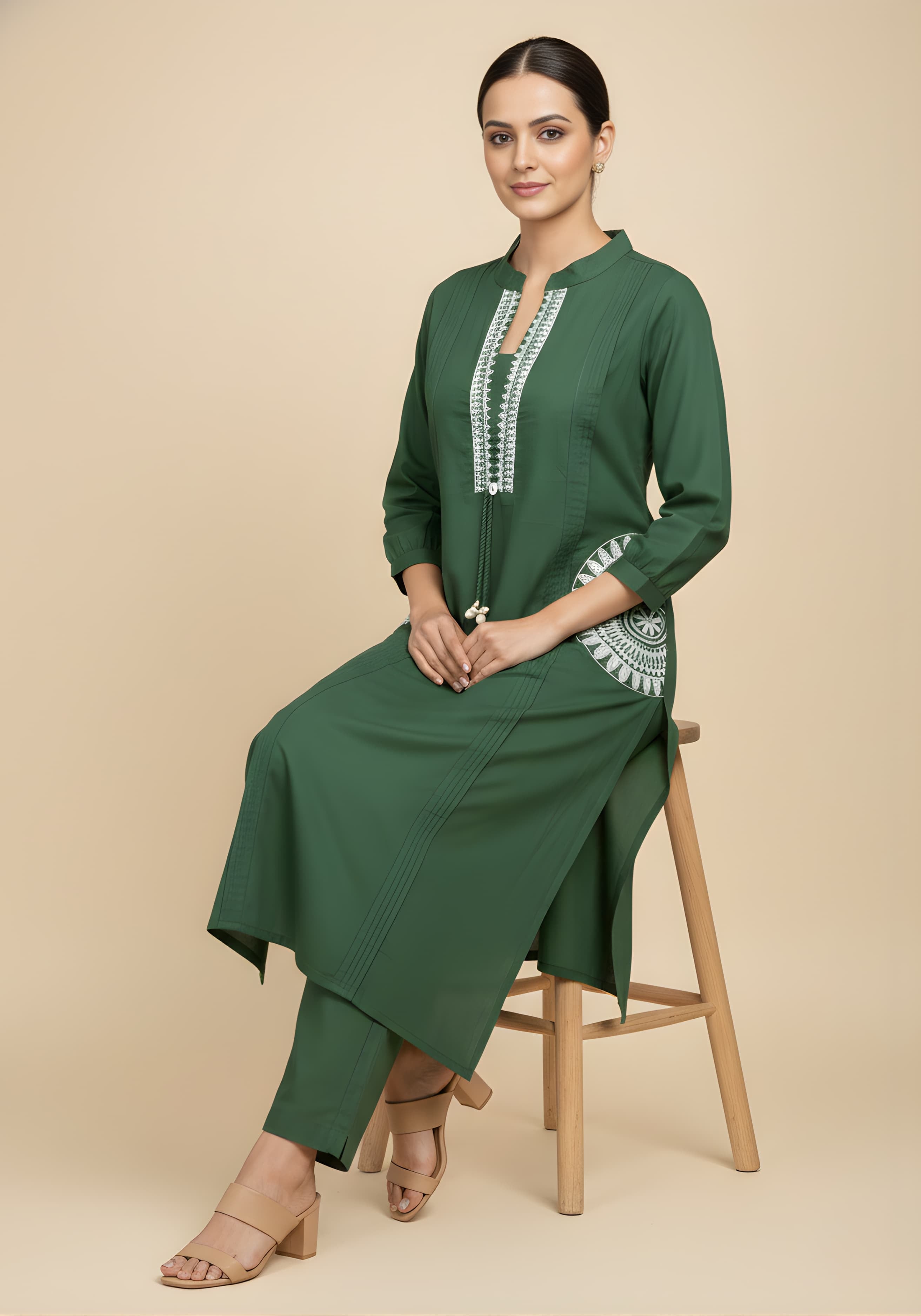 Embroidered Cotton Co-Ord Set with Lace V-Neck Kurta