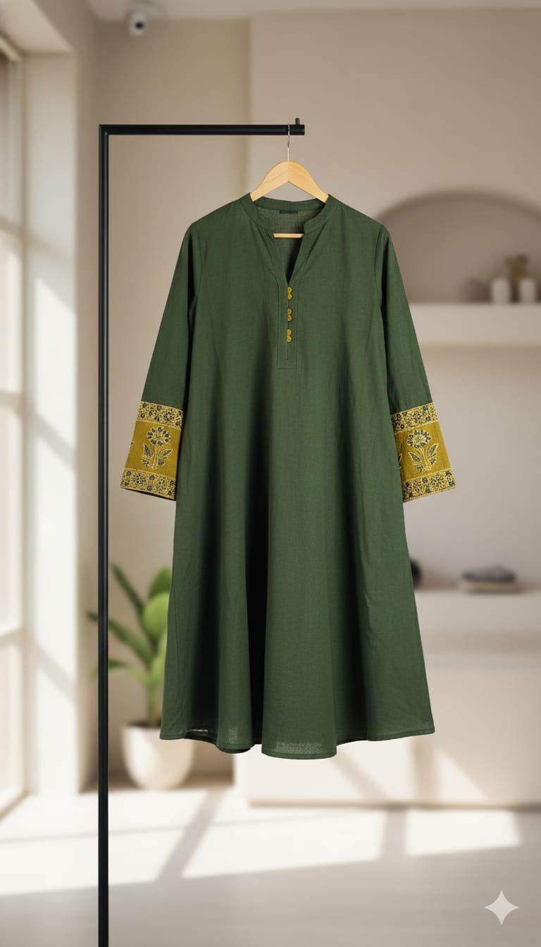 Cotton Ajrakh Natural Dyed Straight One Piece Kurti with Mandarin Collar
