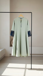 Sage Green Cotton Ajrakh Sleeve One Piece Kurti with Mandarin Collar