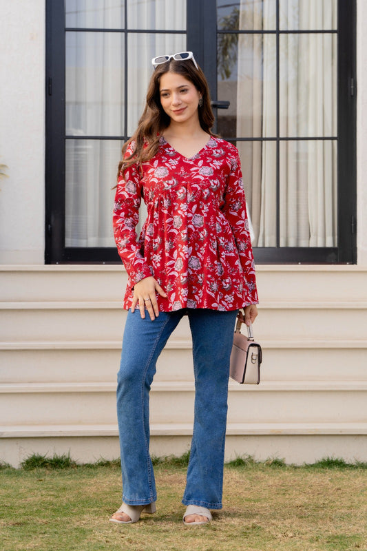 Red Floral Printed Cotton Tunic Top