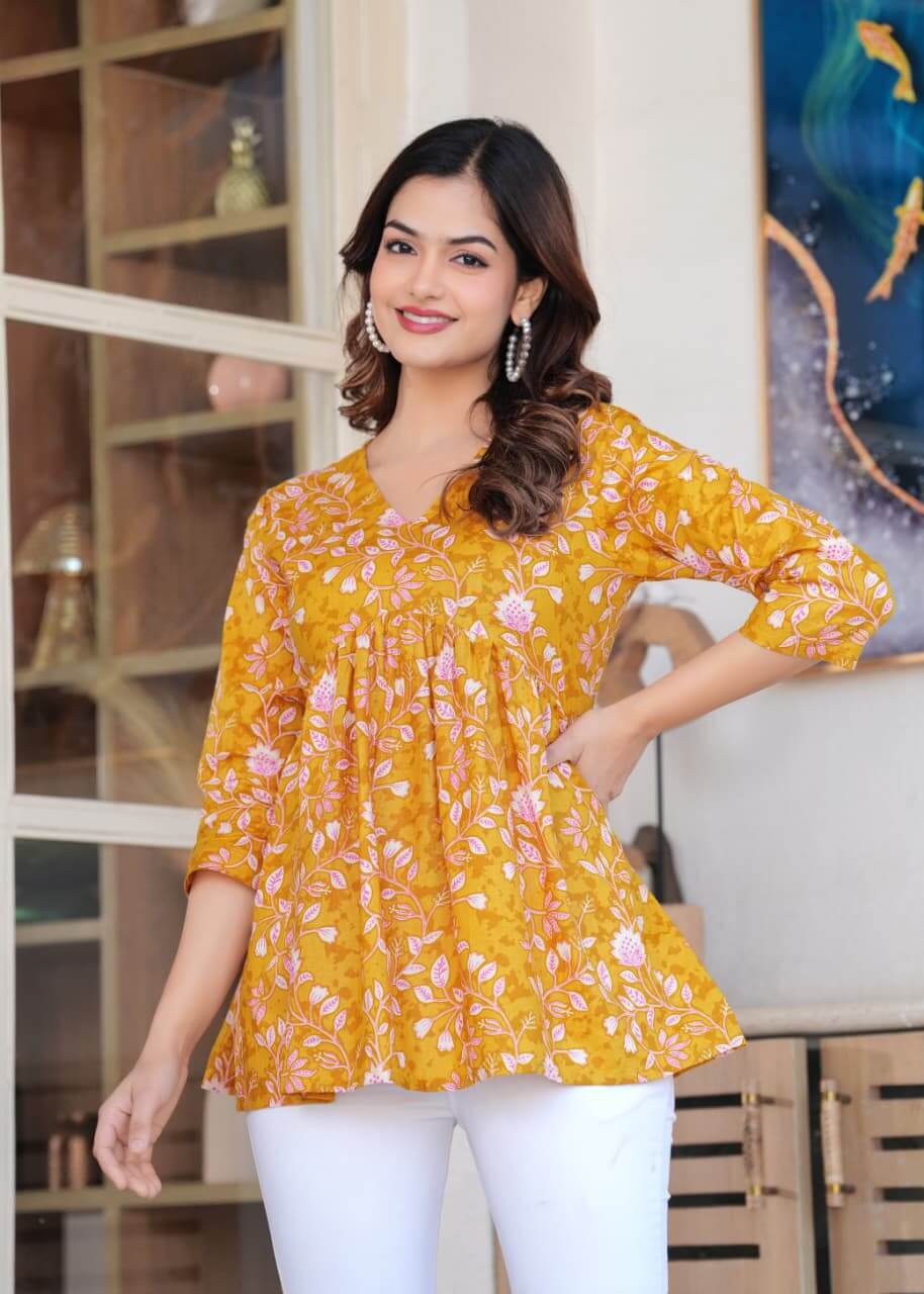 Mustard Yellow Floral Printed Cotton Tunic Top