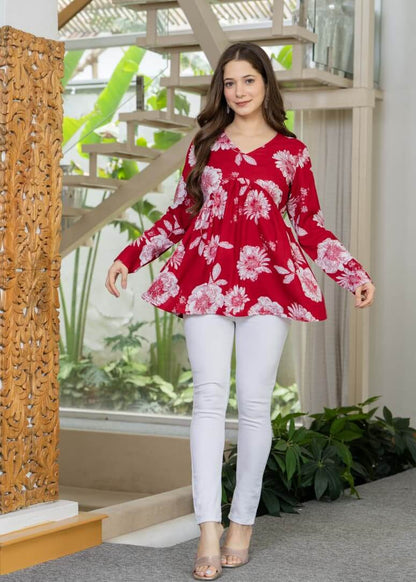 Crimson Red Floral Printed Cotton Tunic Top