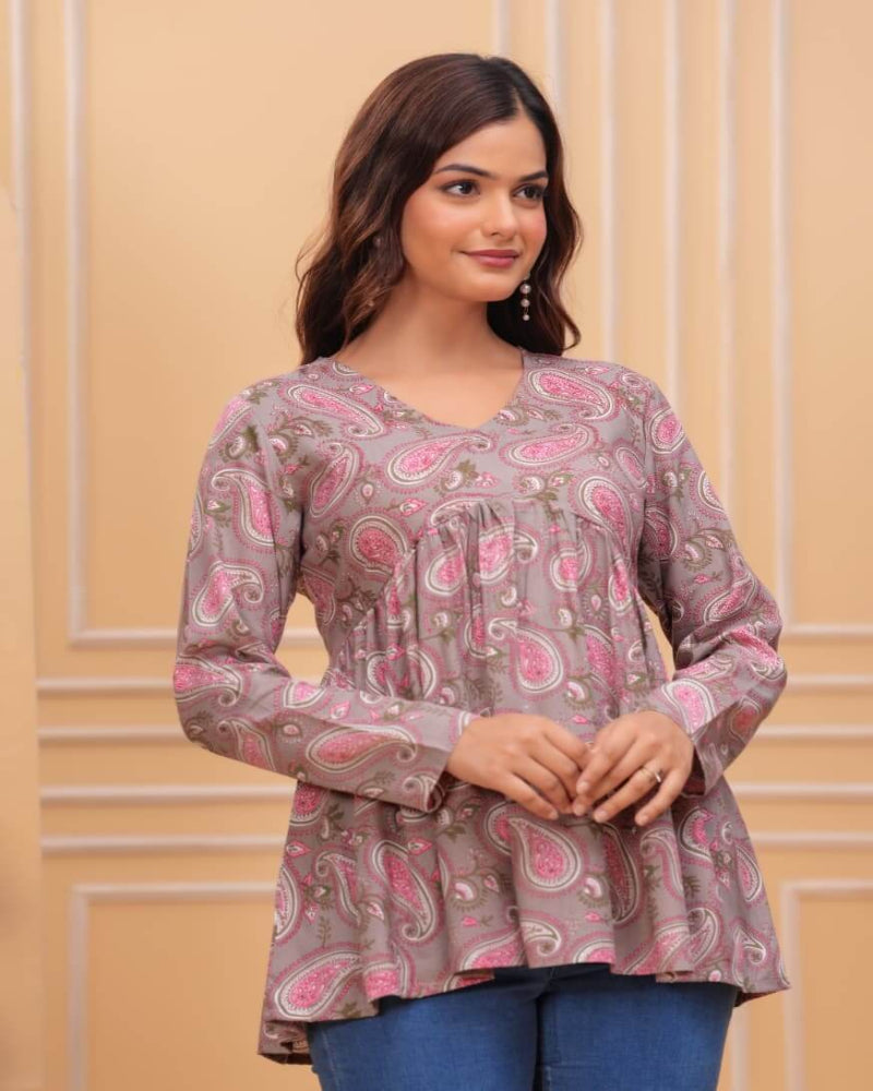 Taupe Pink Paisley Printed Cotton Tunic Top