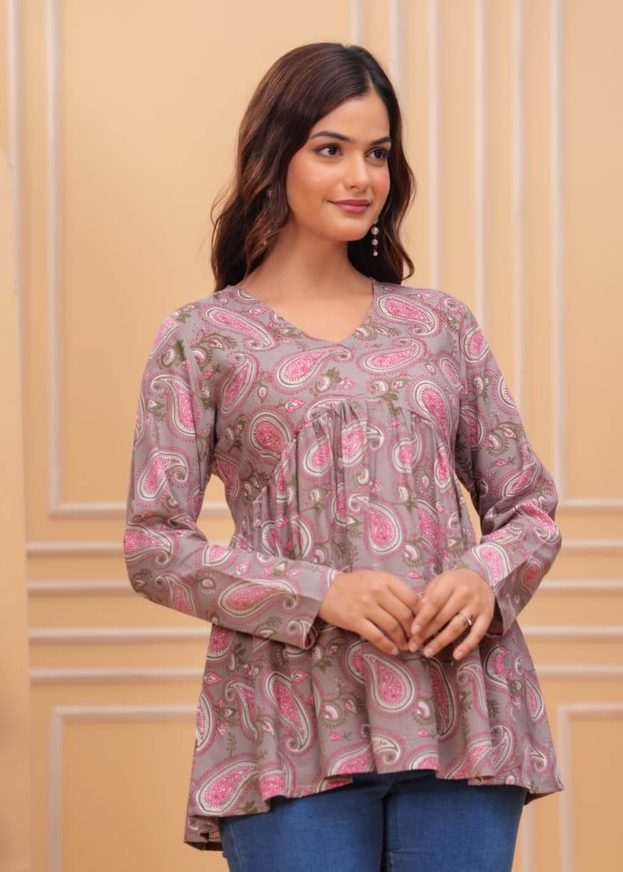 Taupe Pink Paisley Printed Cotton Tunic Top