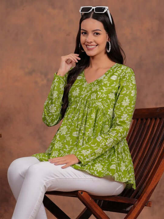 Olive Green Floral Printed Cotton Tunic Top
