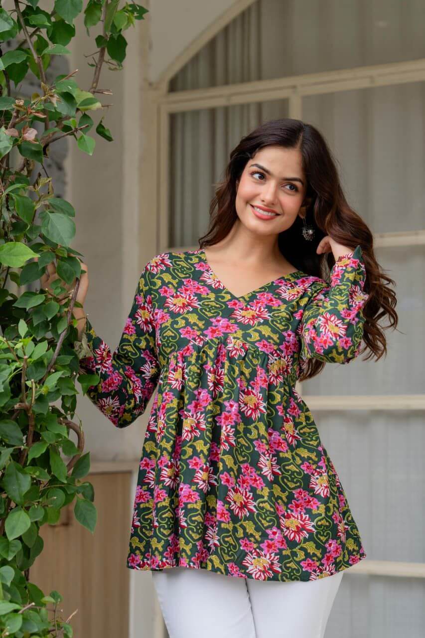 Olive Green Floral Printed Cotton Tunic Top