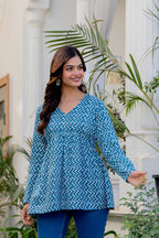 Teal Blue Zigzag Printed Cotton Tunic Top