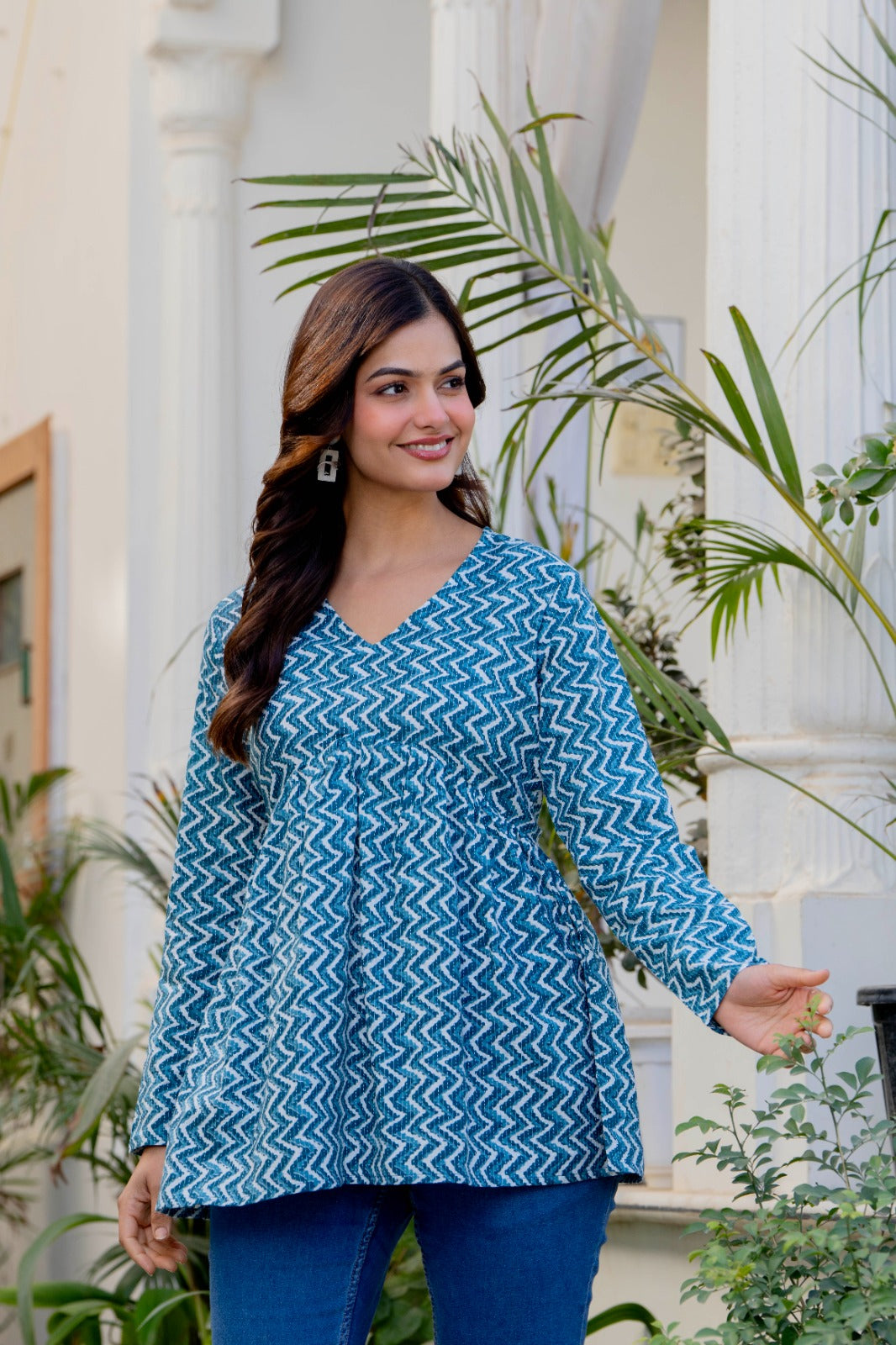 Teal Blue Zigzag Printed Cotton Tunic Top