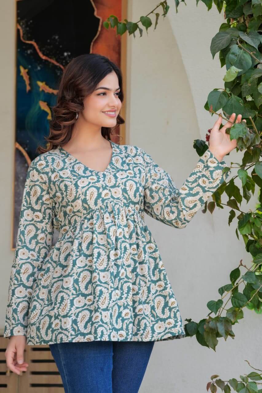 Sea Green Paisley Printed Cotton Tunic Top
