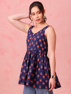 Navy Floral Cotton Peplum Top