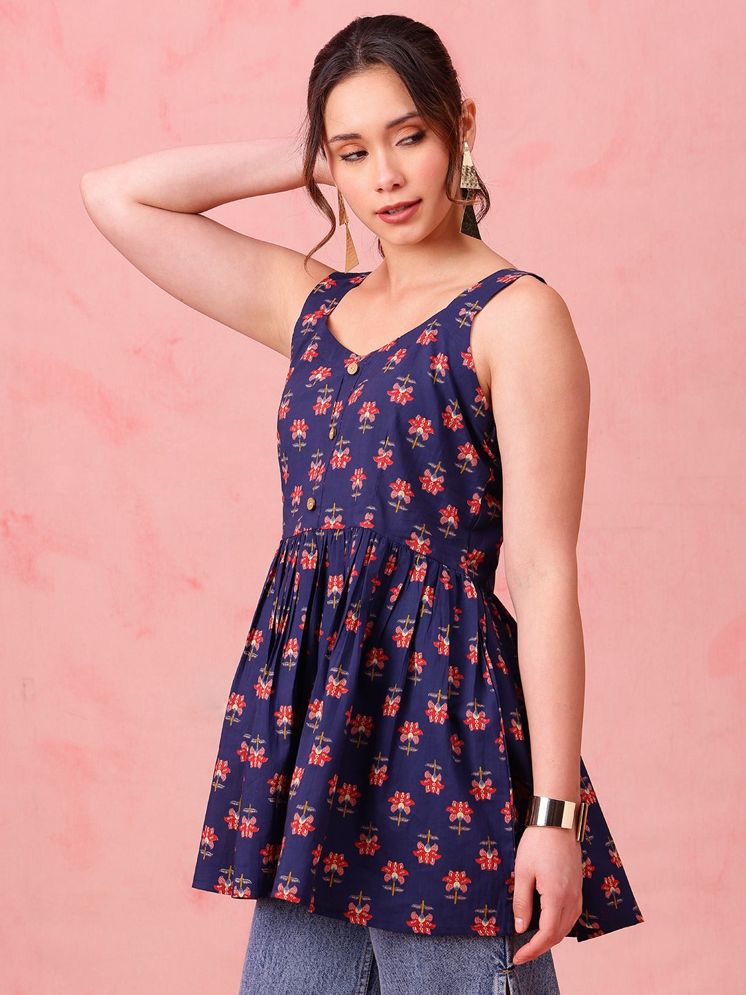 Navy Floral Cotton Peplum Top
