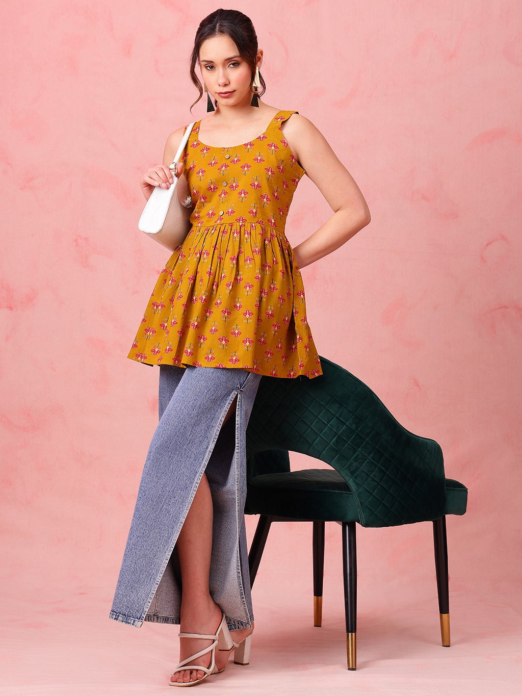 Mustard Floral Cotton Peplum Top