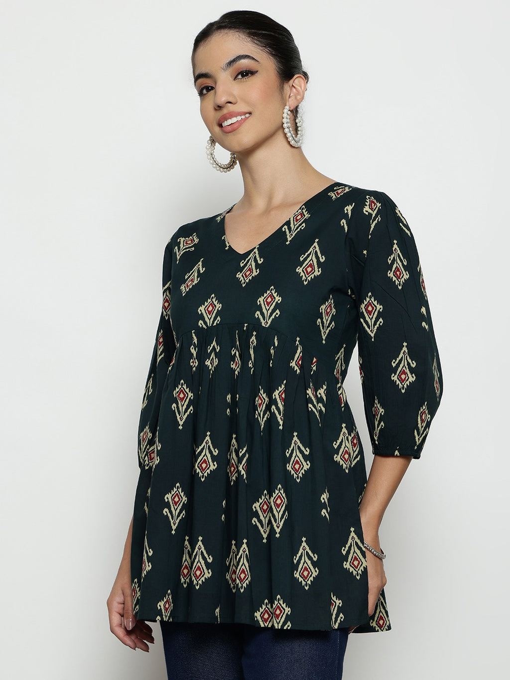 Dark Green Ikat Print Cotton Peplum Top
