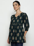 Dark Green Ikat Print Cotton Peplum Top