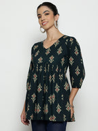 Dark Green Ikat Print Cotton Peplum Top